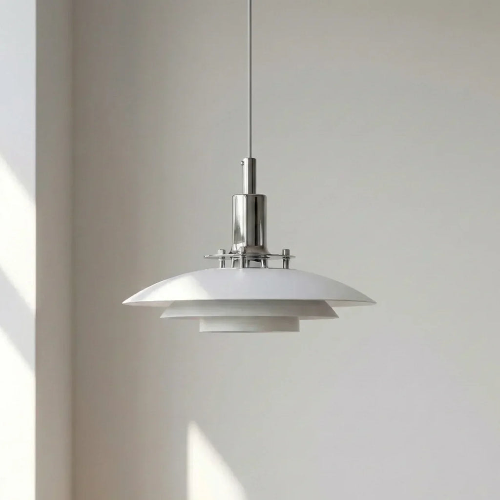 Danish Modern Tiered Pendant Light With Layered Metal Shade For Soft Downward Ambience