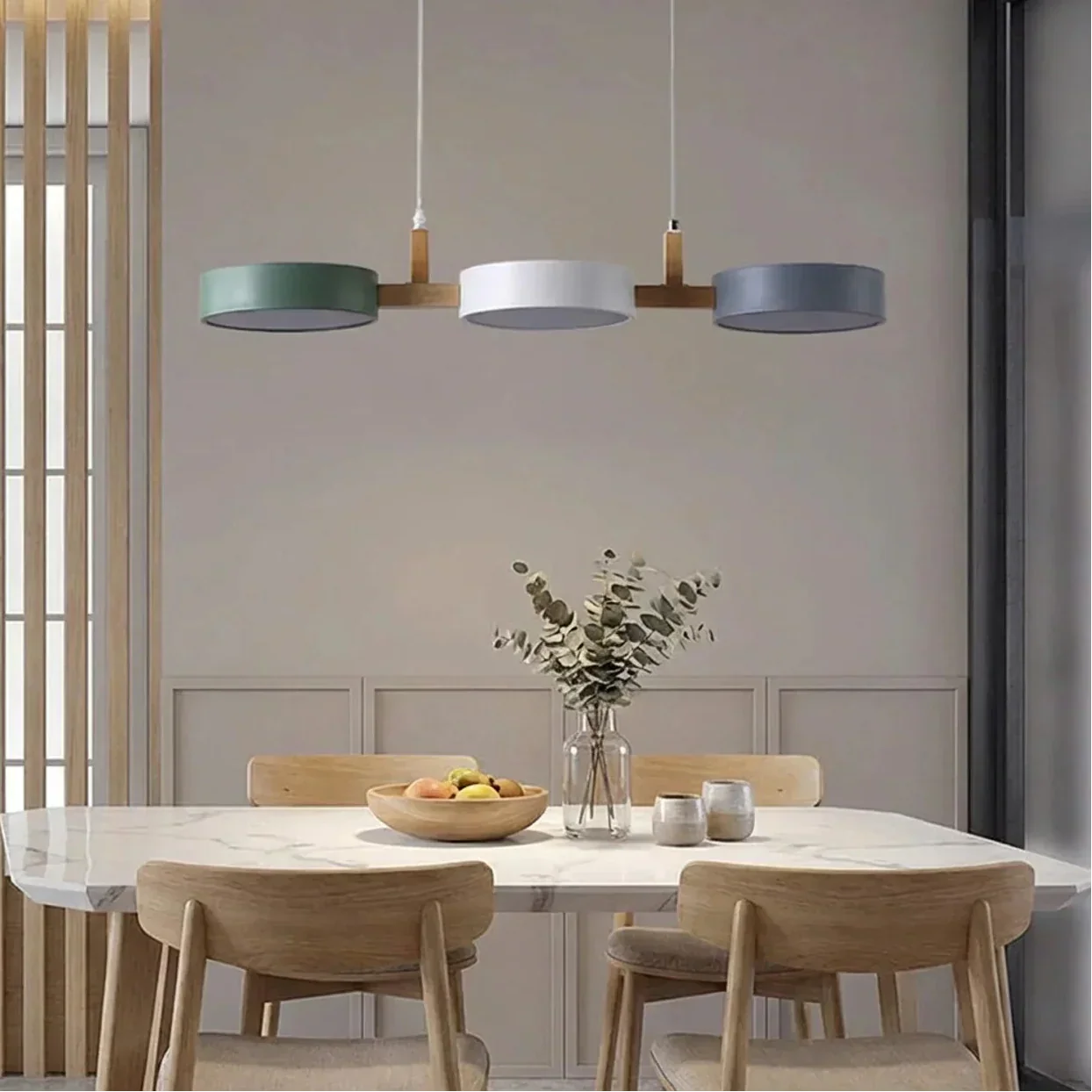 Wood Beam Pendant Light With Metal Drum Shade Array For Ceiling Installations Above Kitchen Islands