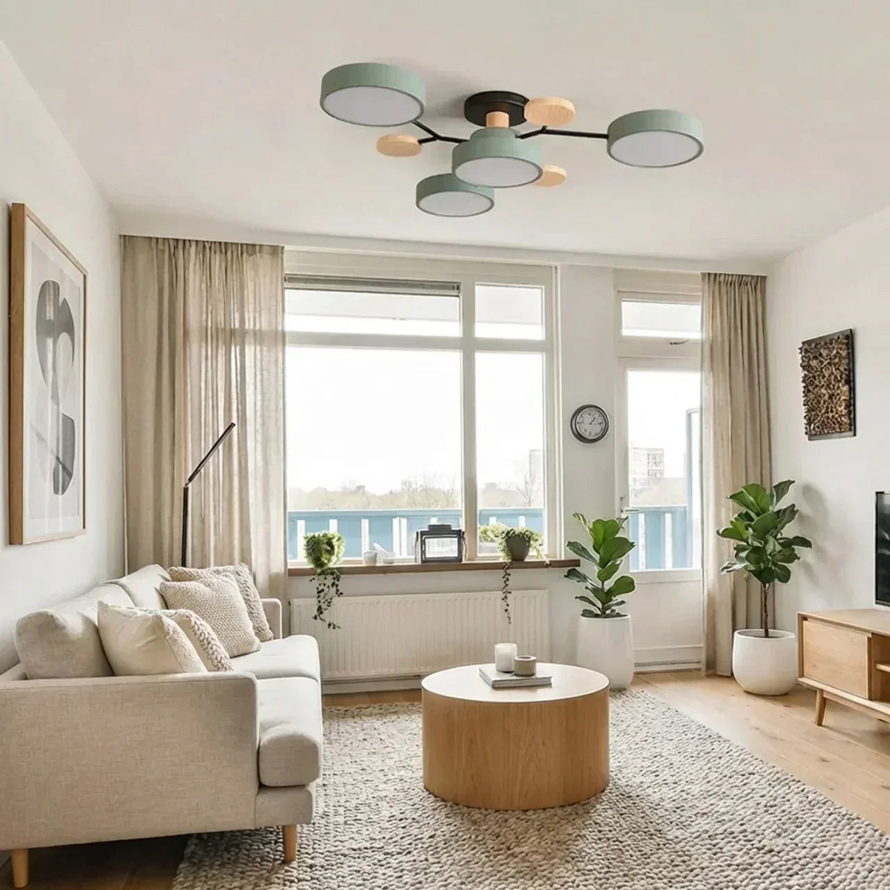 Branching Ceiling Light Fixture Featuring Wood Accents For Modern Living Spaces And Warm Ambience
