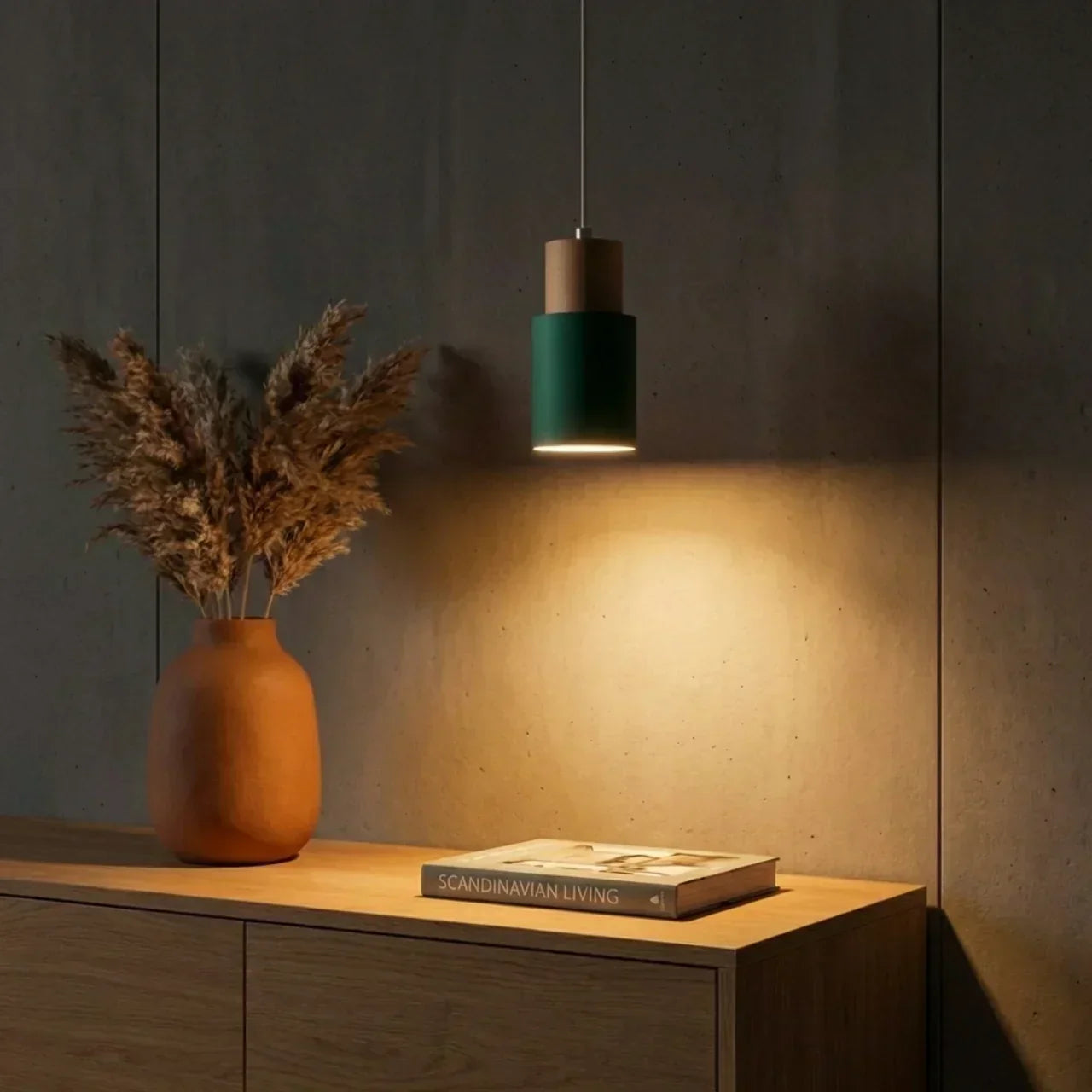 Aluminium Cylinder Pendant Light With Wood Detail Ceiling Mount Fixture And Adjustable Cord For Home Interiors