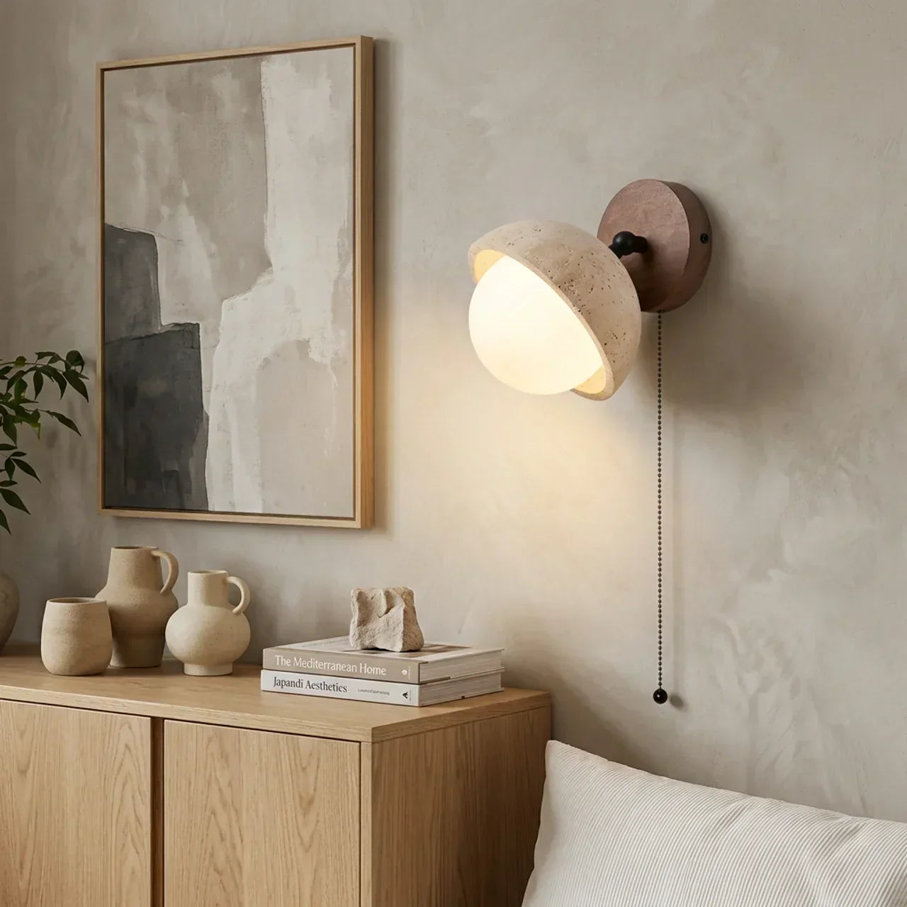 Indoor Wall Mounted Light Fixture With Travertine Shade And Solid Wood Body For Indoor Use