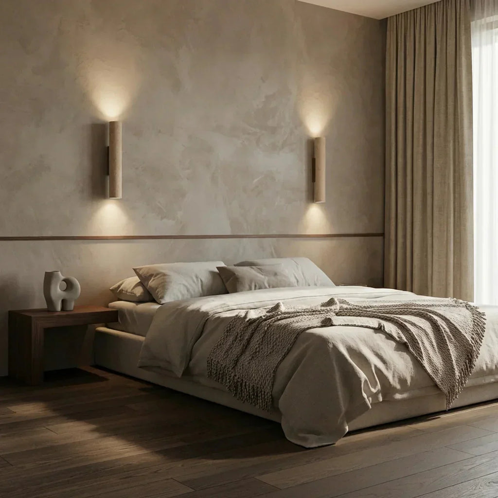 Wall Lamp In Vertical Design Using Travertine Stone With Led Lights Pointing Up And Down
