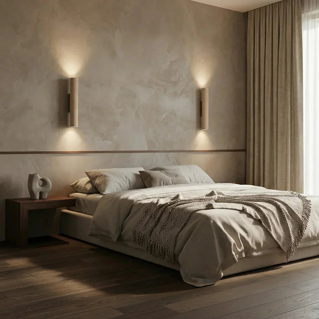 Wall Lamp In Vertical Design Using Travertine Stone With Led Lights Pointing Up And Down