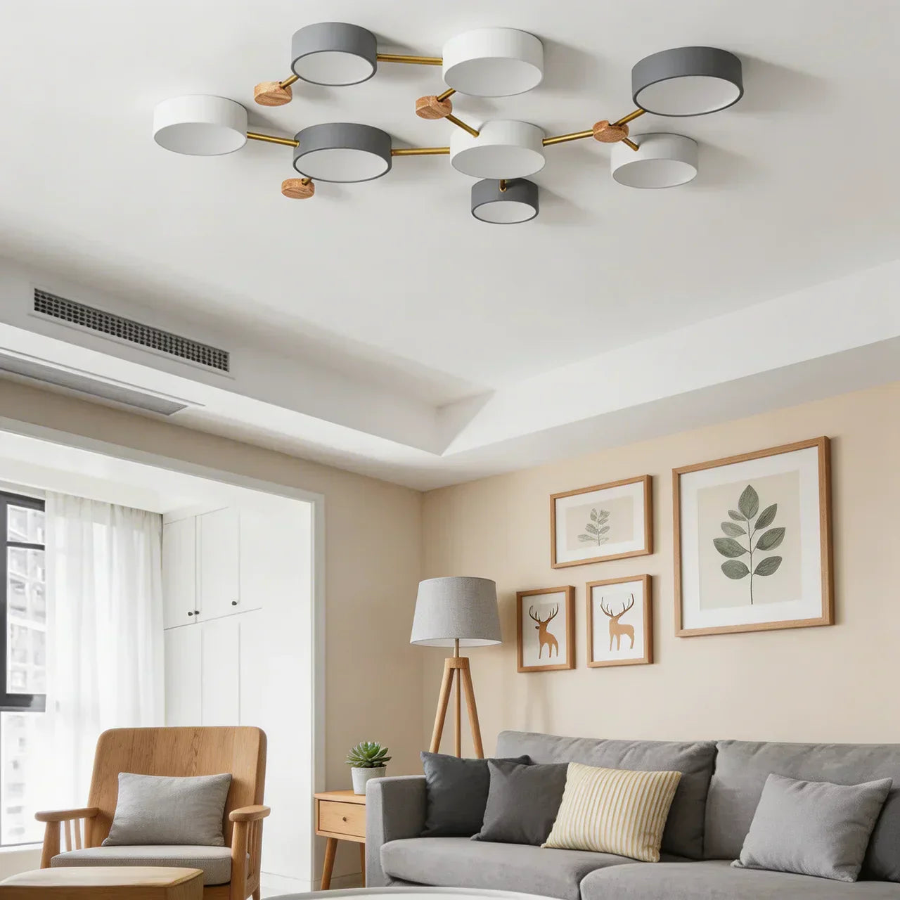 Scandinavian Low Profile Flush Mount Light Ceiling With Solid Wood Accent And Iron Frame Integrated LED