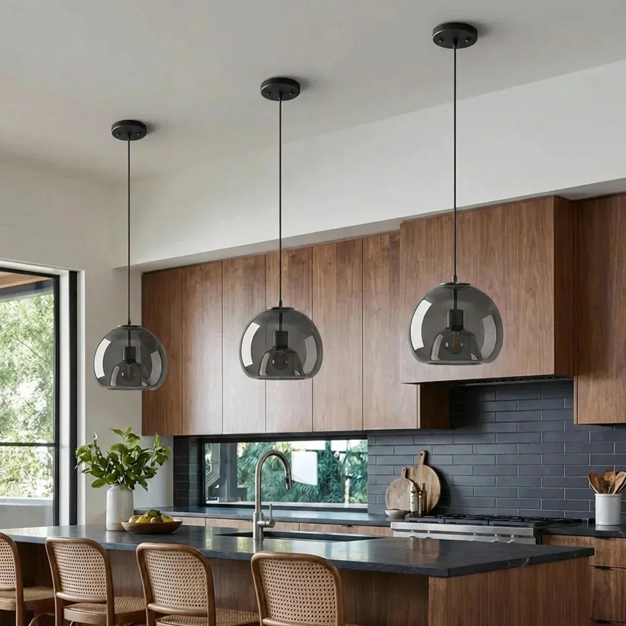 Smoked Glass Pendant Light With Dome Shade And Metal Fittings For Kitchens And Living Areas
