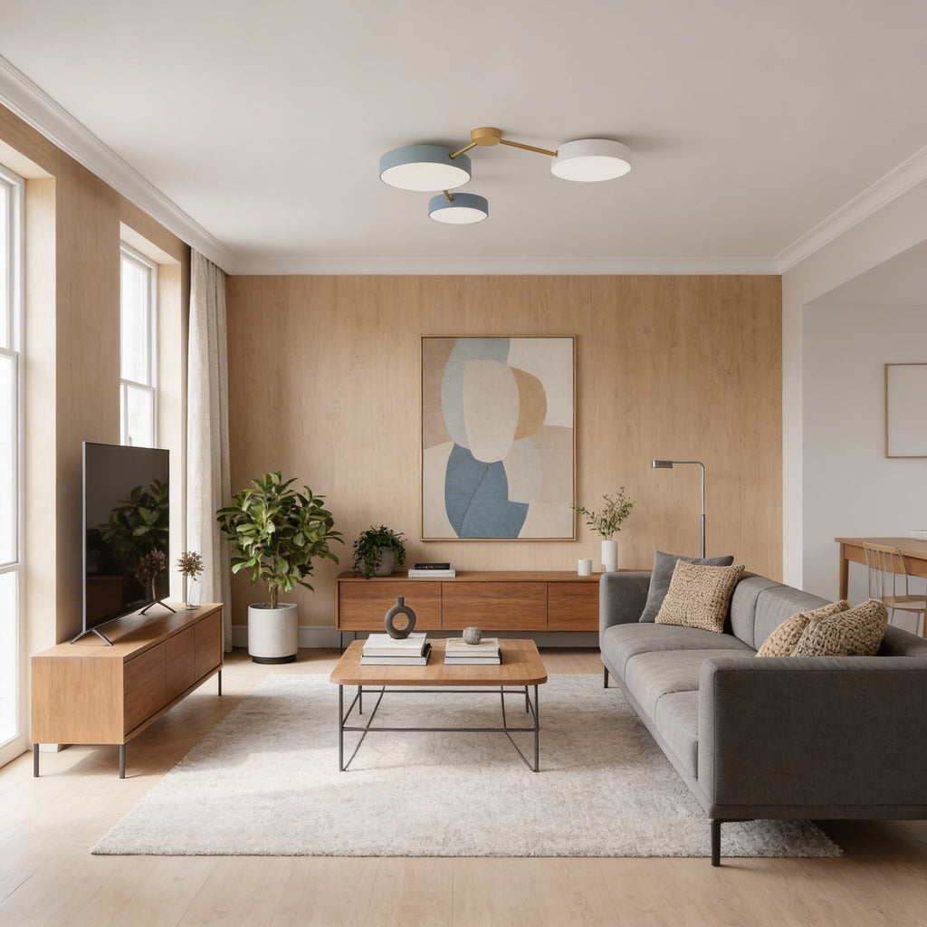 Scandinavian Low Profile Flush Mount Light Ceiling With Solid Wood Accent And Iron Frame Integrated LED