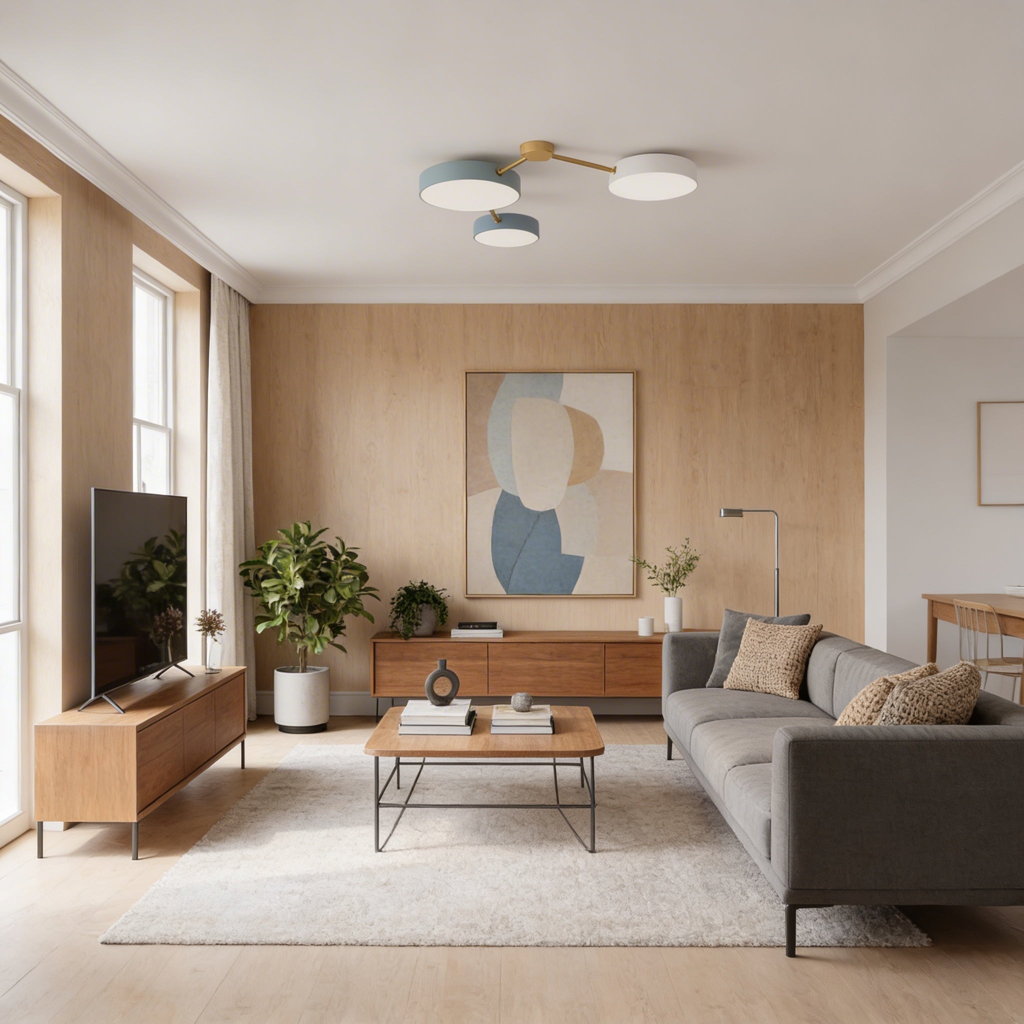 Scandinavian Low Profile Flush Mount Light Ceiling With Solid Wood Accent And Iron Frame Integrated LED