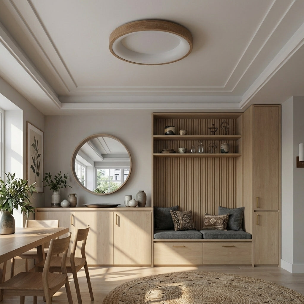 Natural Wood Finish Circular LED Flush Mount Ceiling Light With Integrated LED And Acrylic Diffuser