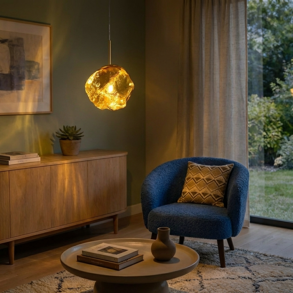 Molten Glass Hanging Light With Sculptural Shade For Modern Interiors And Warm Ambience
