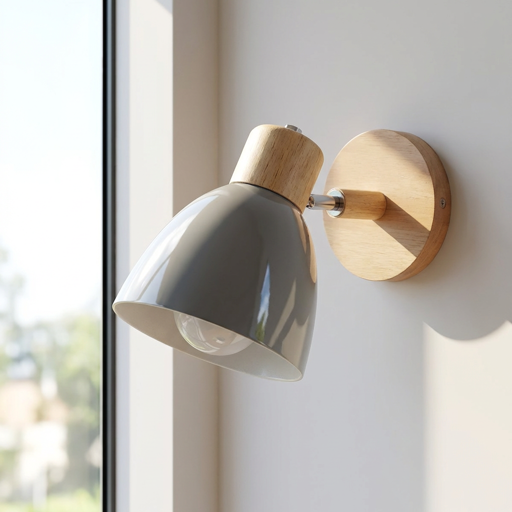 Wood and Metal Wall Sconce Light With Adjustable Shade for Indoor Living Rooms and Bedrooms