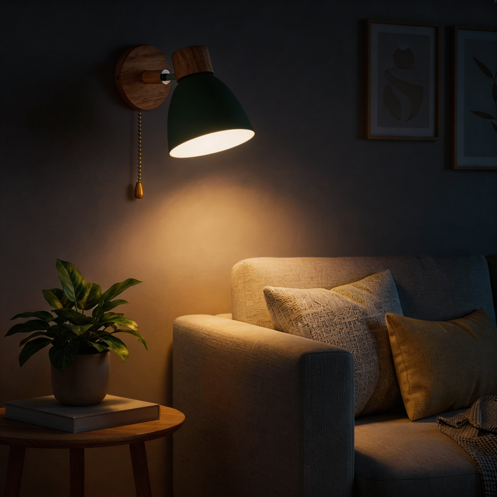 Wood and Metal Wall Sconce Light With Adjustable Shade for Indoor Living Rooms and Bedrooms