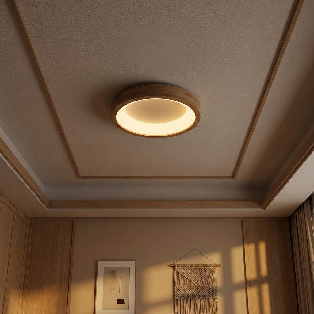 Natural Wood Finish Circular LED Flush Mount Ceiling Light With Integrated LED And Acrylic Diffuser