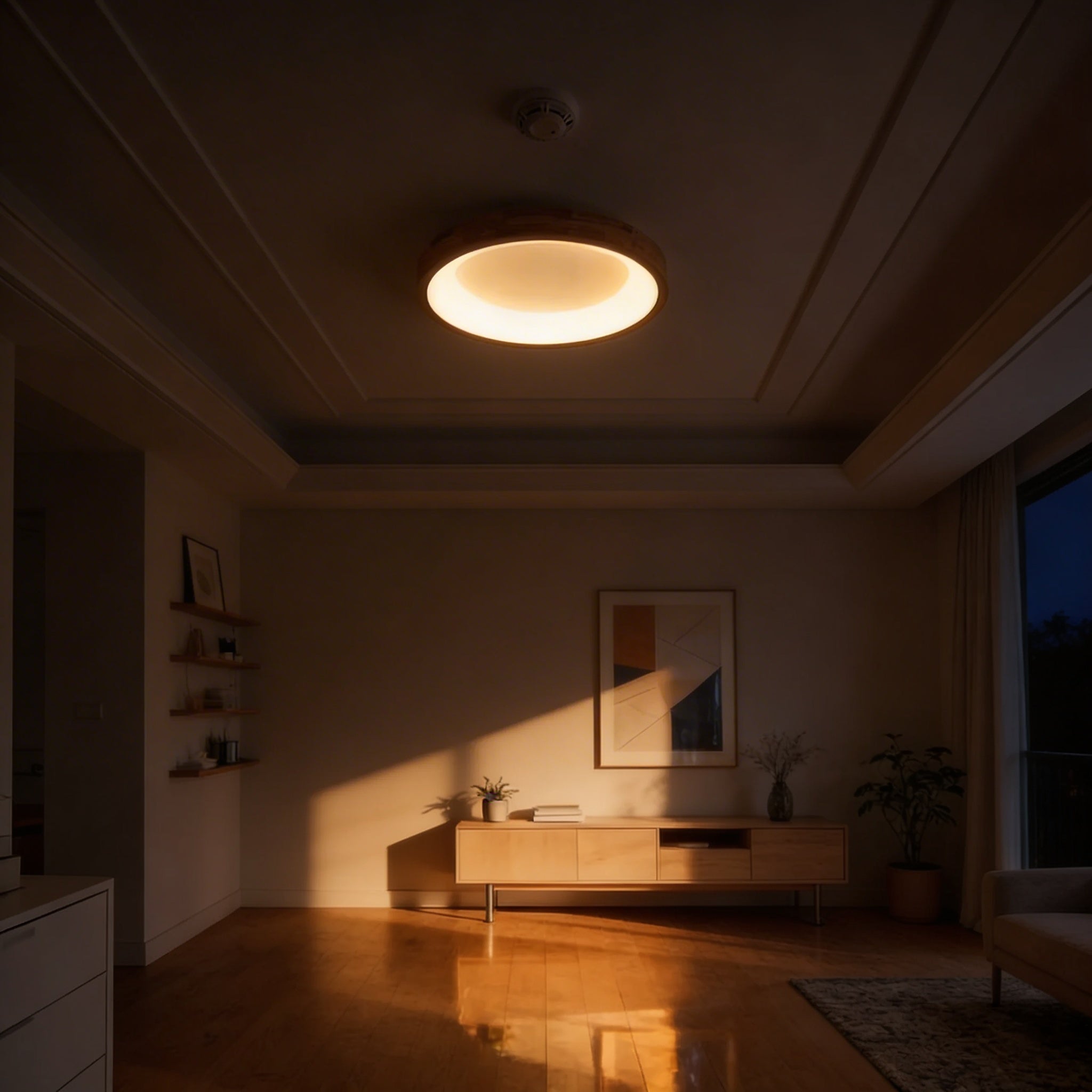 Natural Wood Finish Circular LED Flush Mount Ceiling Light With Integrated LED And Acrylic Diffuser
