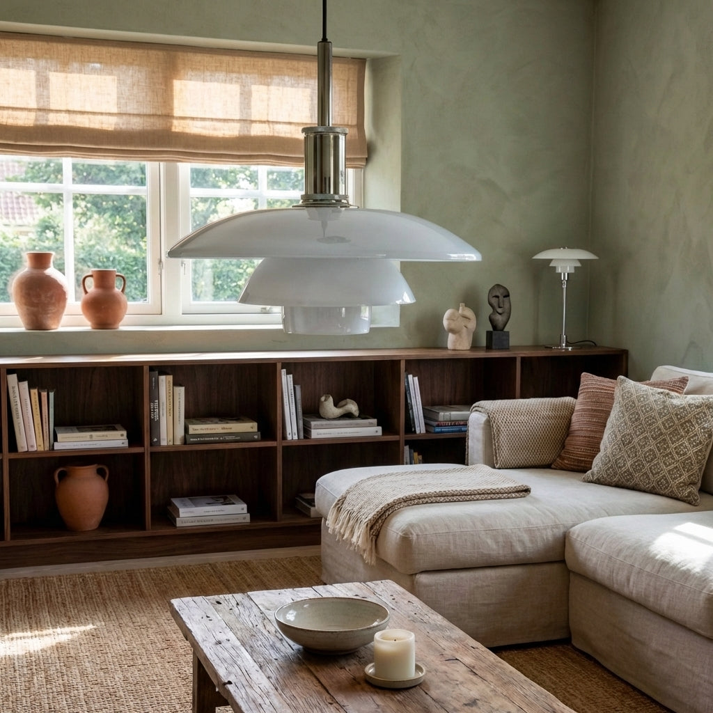 Danish Layered Pendant Light With Glass Shade For Soft Downward Illumination In Living Rooms