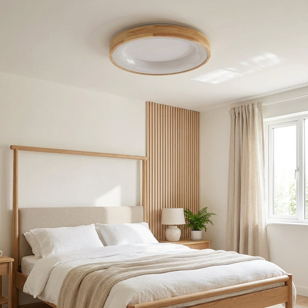 Natural Wood Finish Circular LED Flush Mount Ceiling Light With Integrated LED And Acrylic Diffuser