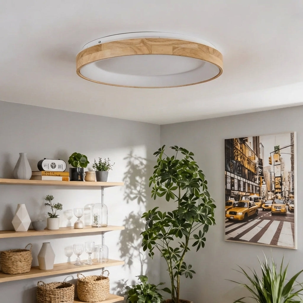 Natural Wood Finish Circular LED Flush Mount Ceiling Light With Integrated LED And Acrylic Diffuser