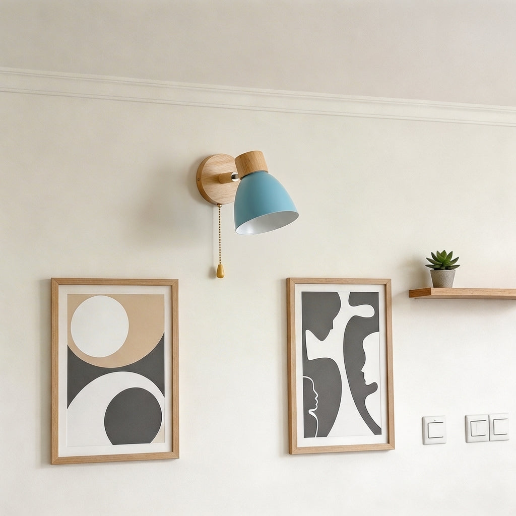 Wood and Metal Wall Sconce Light With Adjustable Shade for Indoor Living Rooms and Bedrooms
