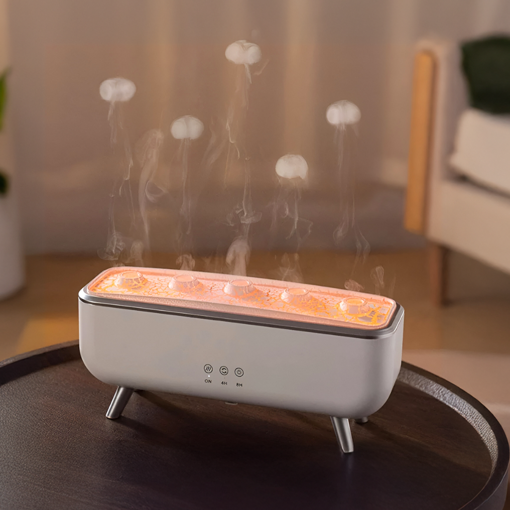 JellyMist מפיץ ארומתרפיה — אפקט ערפל מדוזה, שני מצבים, חמש פיות יציאה ואור צבעוני