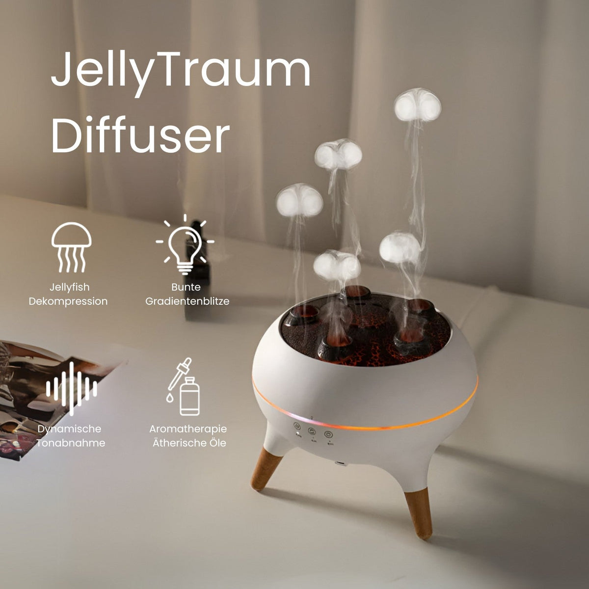 JellyTraum מפיץ ארומה עם אפקט ערפל מדוזה — אפקט עדין של שינוי צבעי LED