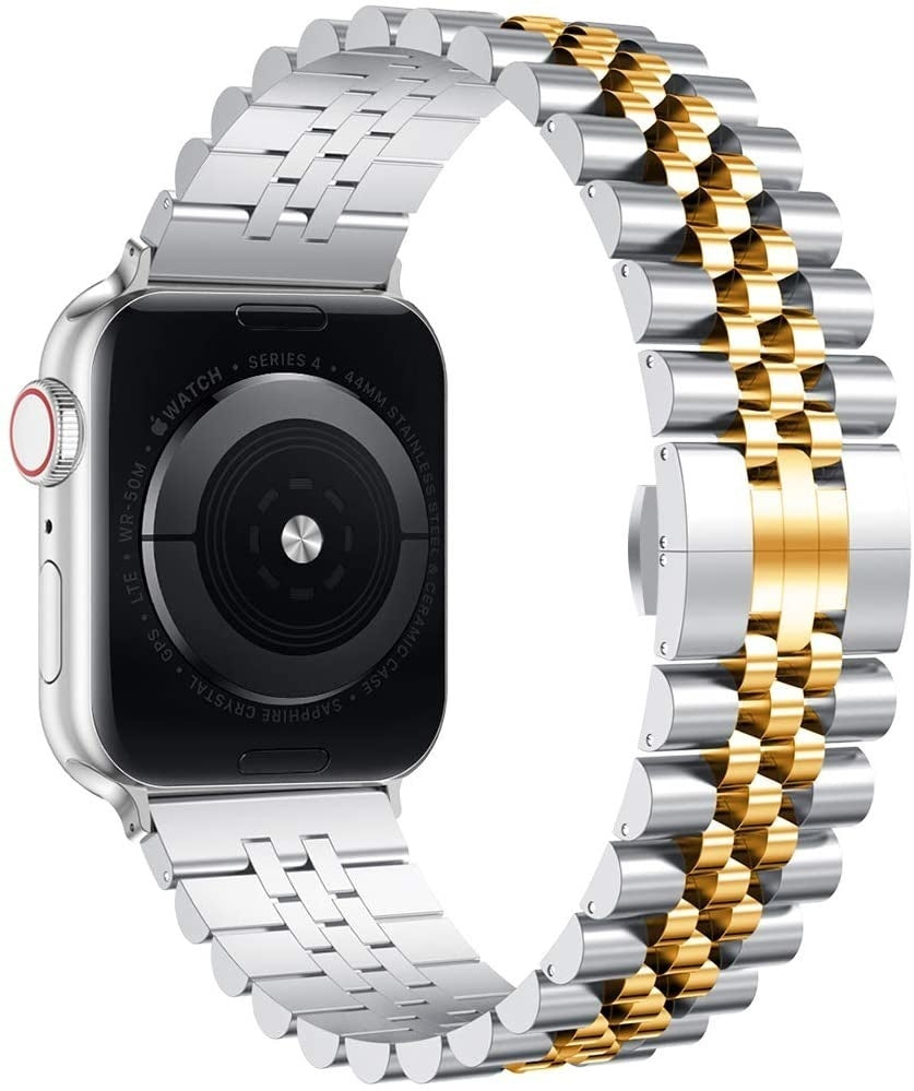Jubilee-rem i stål til Apple Watch — sølv og guld, karakteristisk leddesign