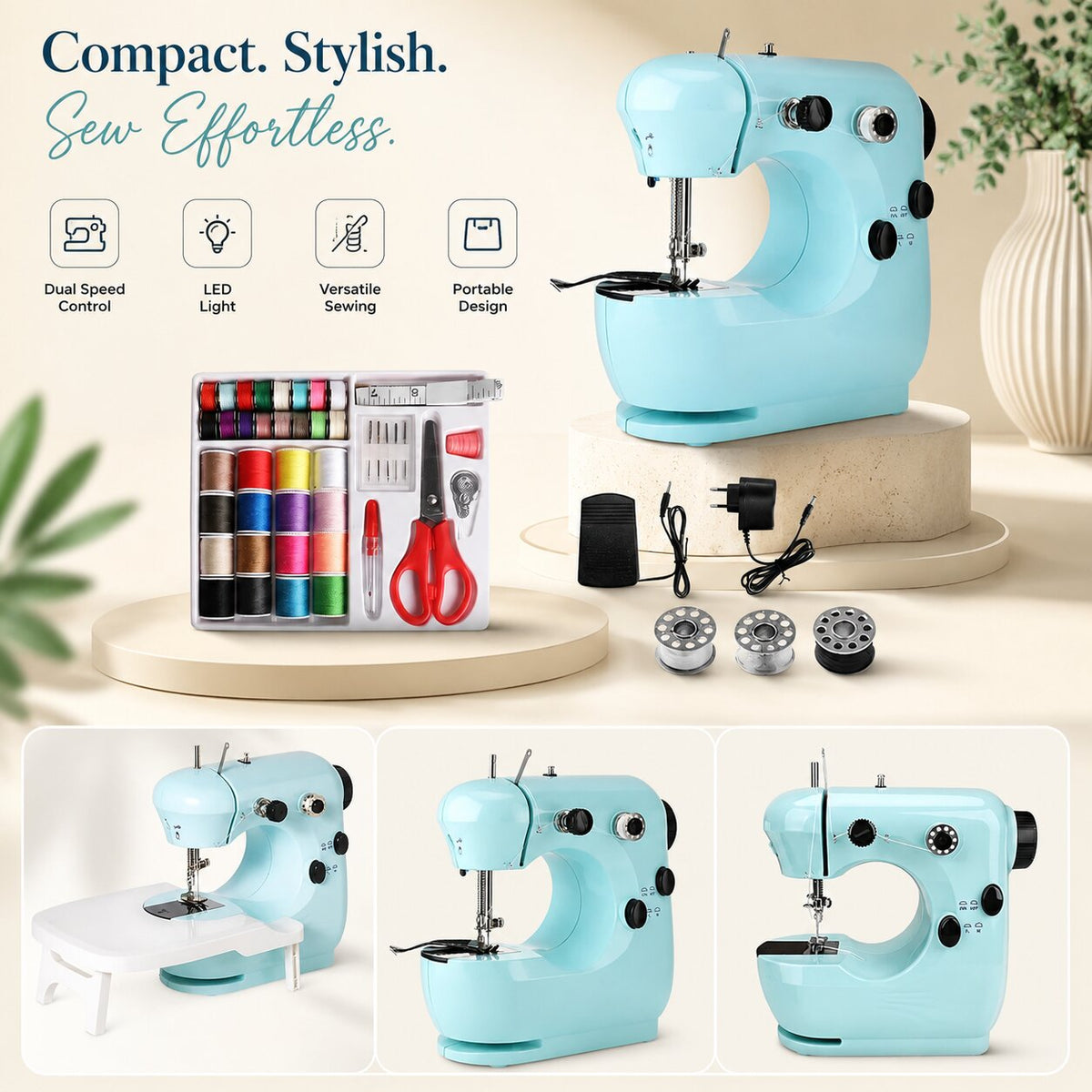 Nahtglanz compacte naaimachine — 2 snelheidsstanden, uitschuifbare tafel voor beginners