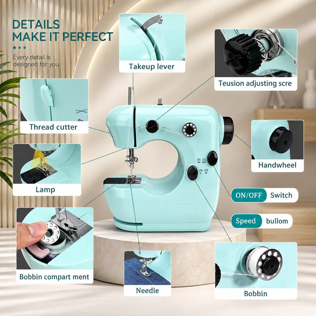 Nahtglanz compacte naaimachine — 2 snelheidsstanden, uitschuifbare tafel voor beginners