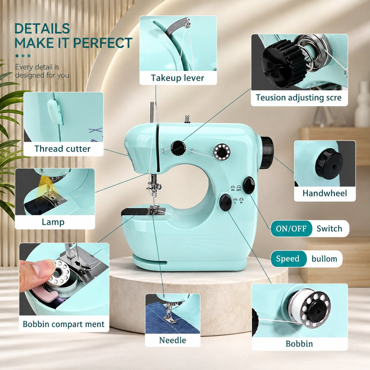 Nahtglanz compacte naaimachine — 2 snelheidsstanden, uitschuifbare tafel voor beginners