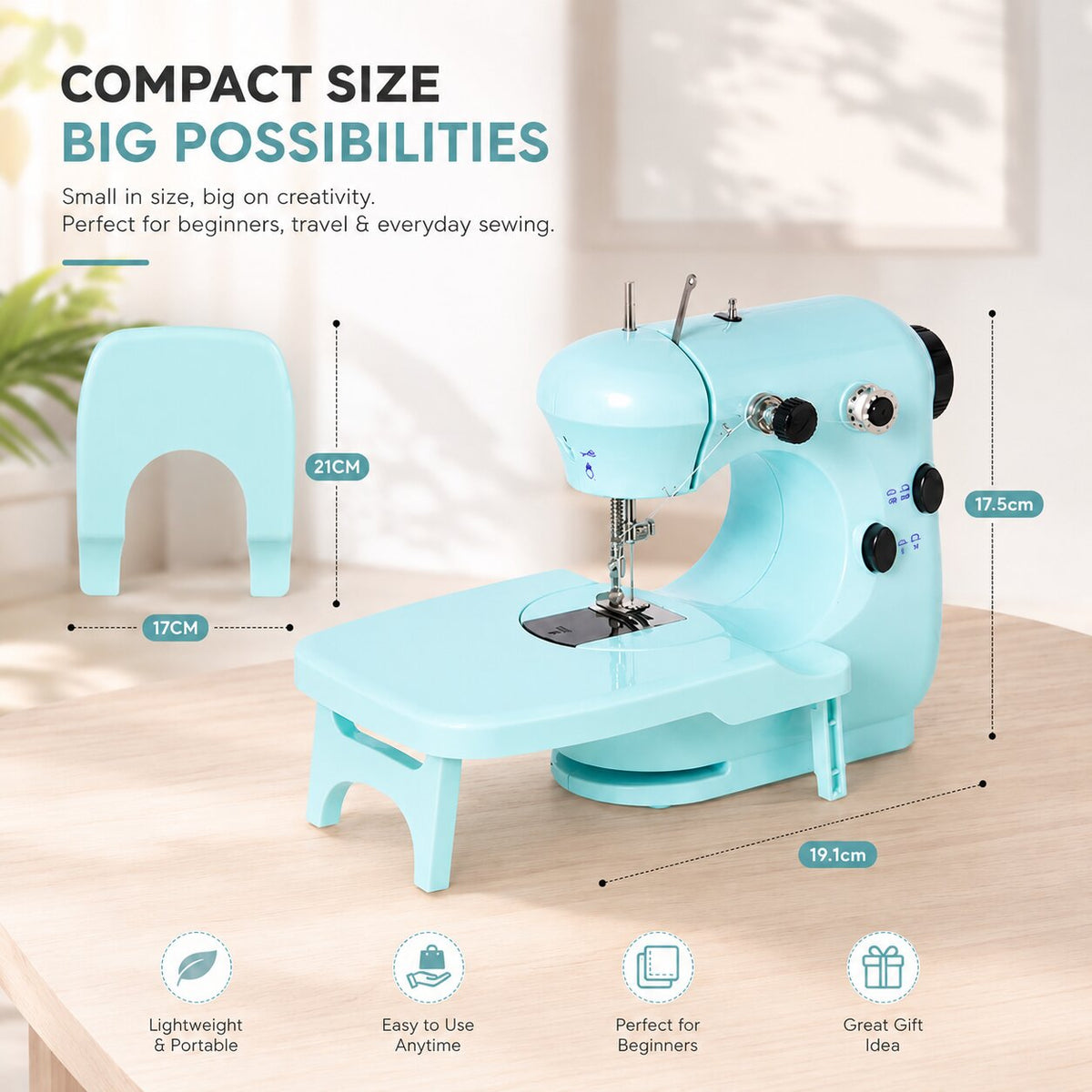 Nahtglanz compacte naaimachine — 2 snelheidsstanden, uitschuifbare tafel voor beginners