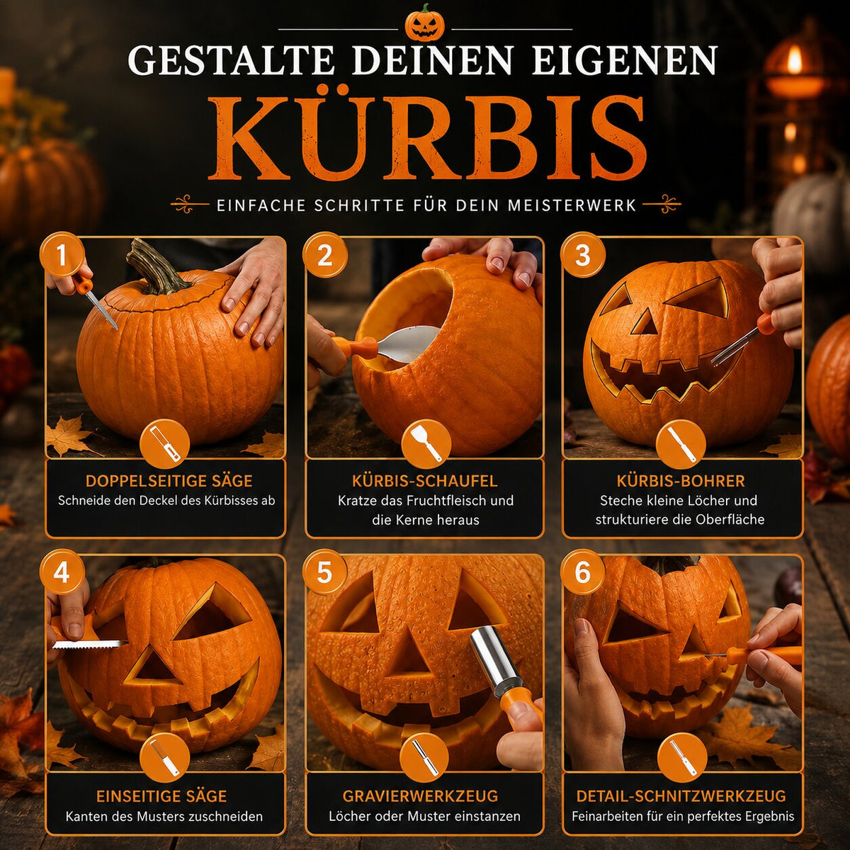 Set di utensili per intagliare le zucche di Halloween — kit per tagliare, modellare e decorare