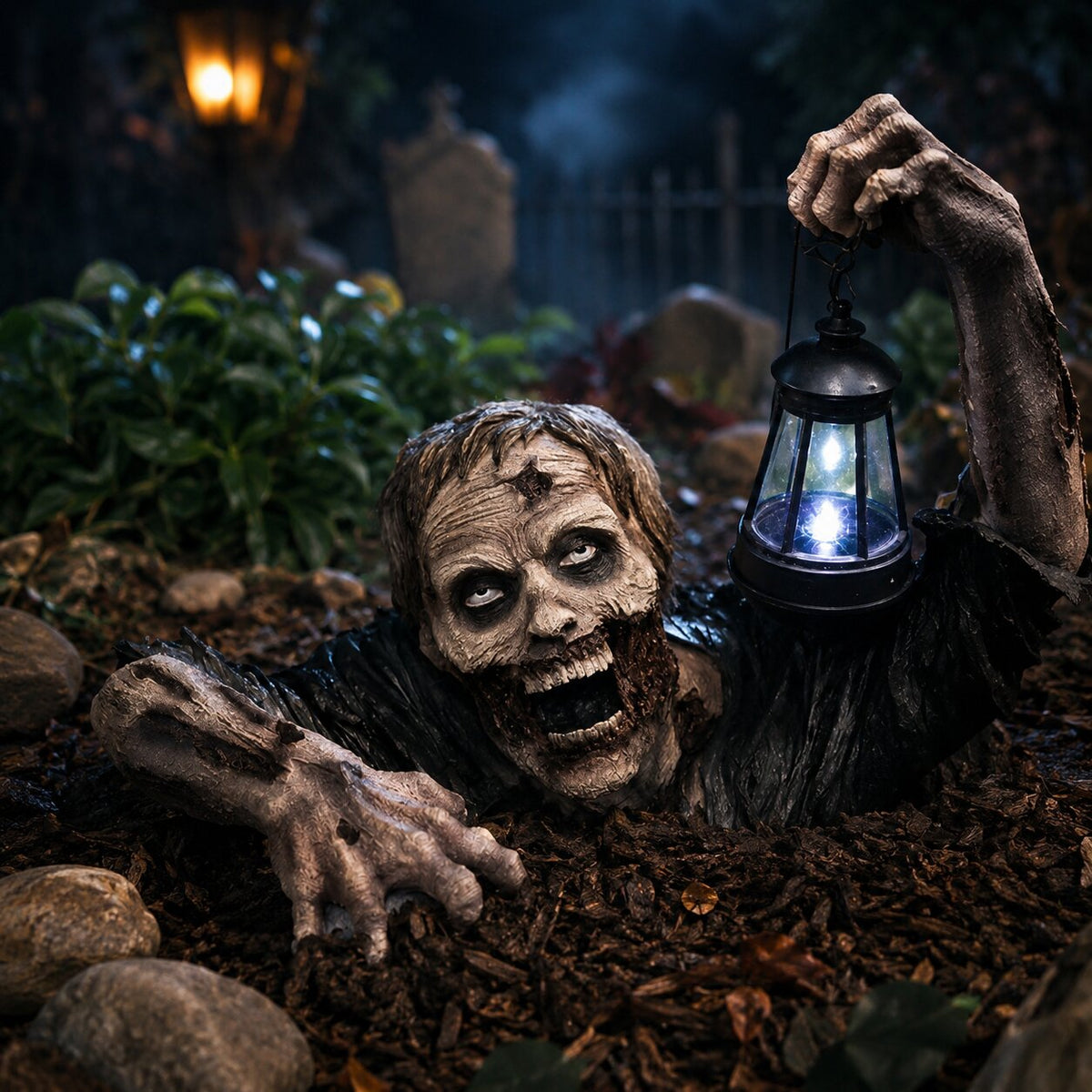 Decorațiune de Halloween cu zombi târâtor și felinar LED luminos