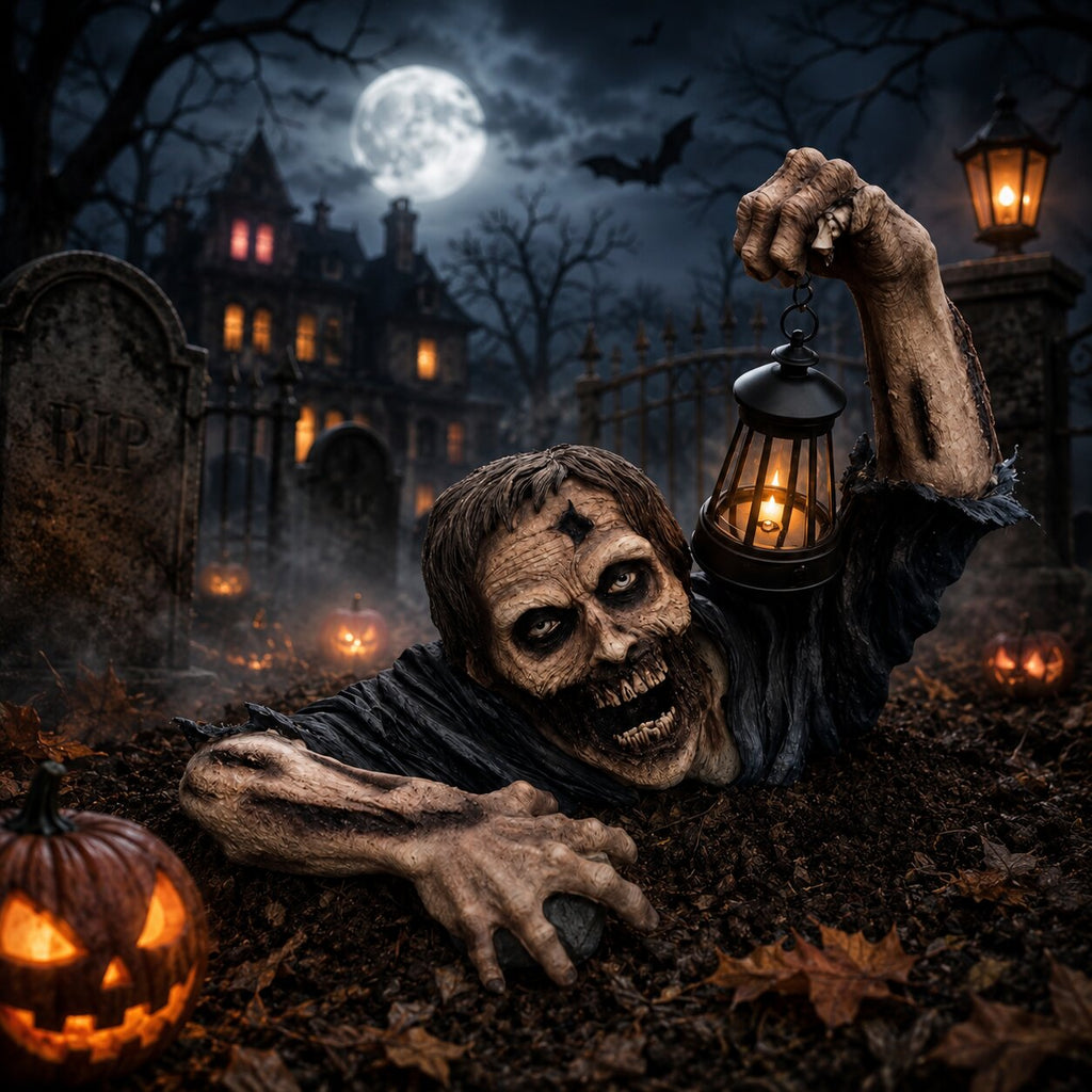 Decorațiune de Halloween cu zombi târâtor și felinar LED luminos
