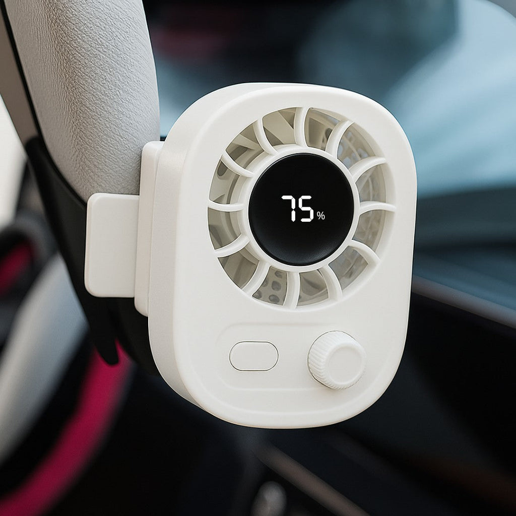 KühlBuddy mini-ventilator med klemme — 100 hastigheder, 360° rotation, USB-C-opladning, LED-display