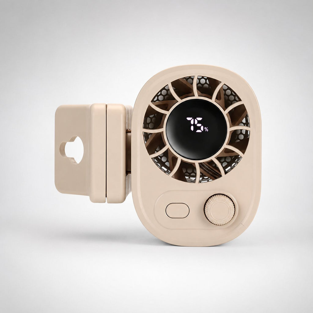 KühlBuddy mini-ventilator med klemme — 100 hastigheder, 360° rotation, USB-C-opladning, LED-display