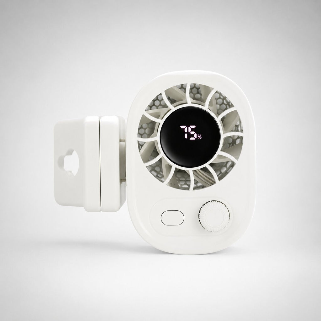 KühlBuddy mini-ventilator med klemme — 100 hastigheder, 360° rotation, USB-C-opladning, LED-display