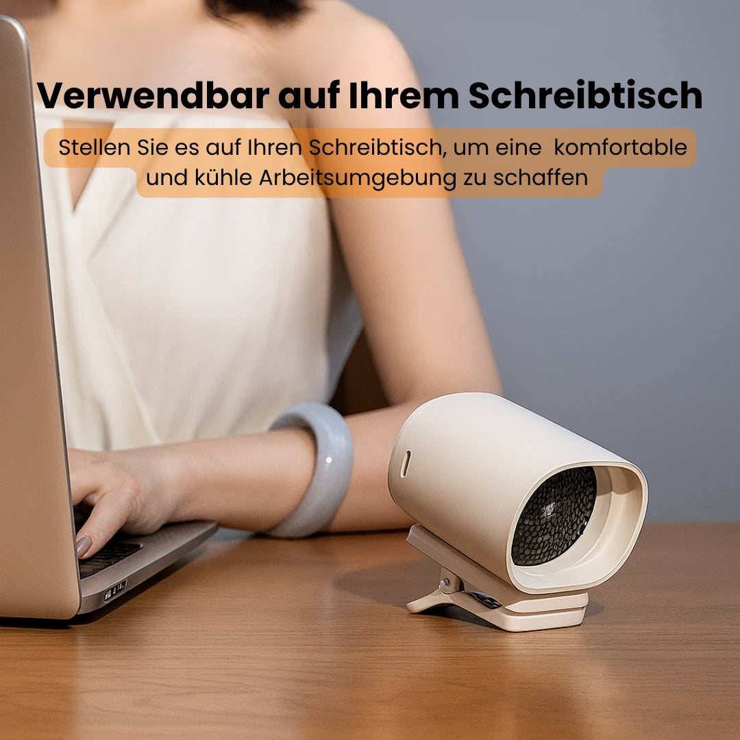 KühlBuddy mini-ventilator med klemme — 100 hastigheder, 360° rotation, USB-C-opladning, LED-display