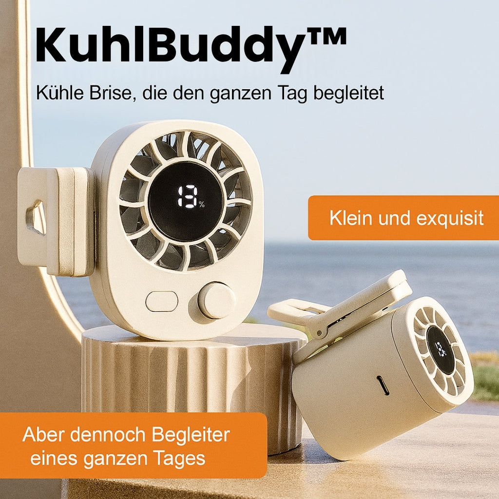 KühlBuddy mini-ventilator med klemme — 100 hastigheder, 360° rotation, USB-C-opladning, LED-display