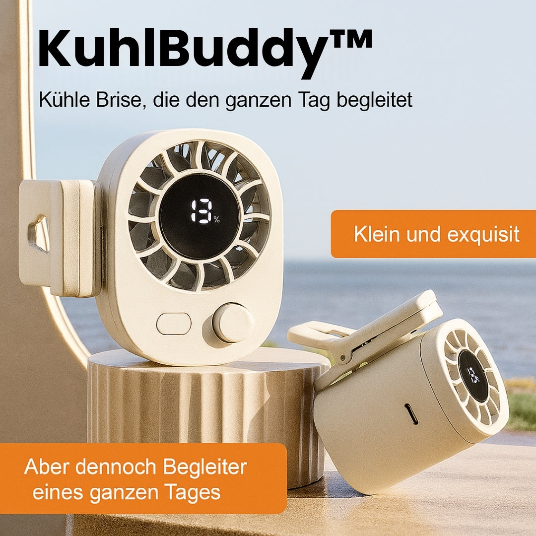 KühlBuddy mini-ventilator med klemme — 100 hastigheder, 360° rotation, USB-C-opladning, LED-display