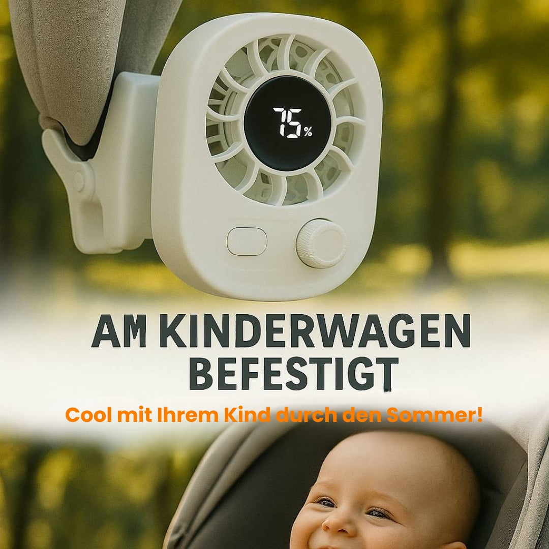 KühlBuddy mini-ventilator med klemme — 100 hastigheder, 360° rotation, USB-C-opladning, LED-display