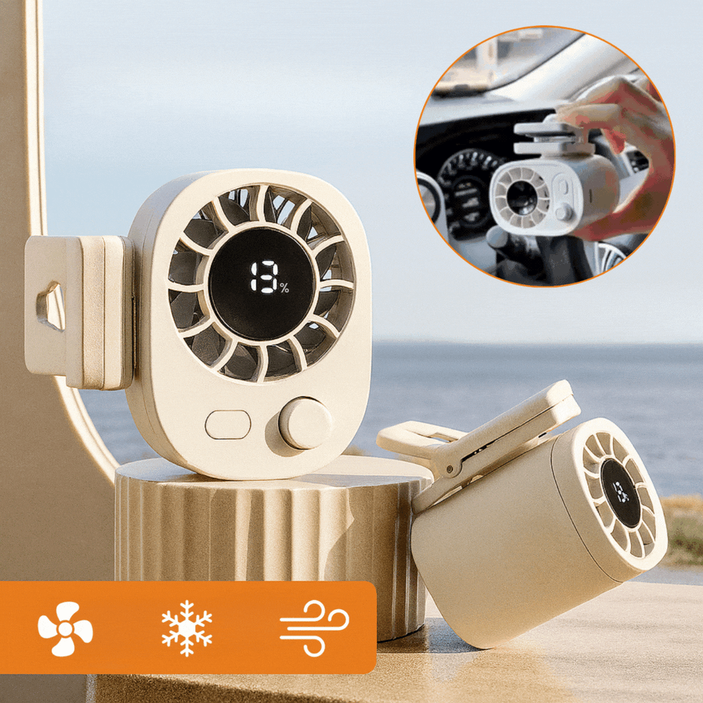KühlBuddy mini-ventilator med klemme — 100 hastigheder, 360° rotation, USB-C-opladning, LED-display