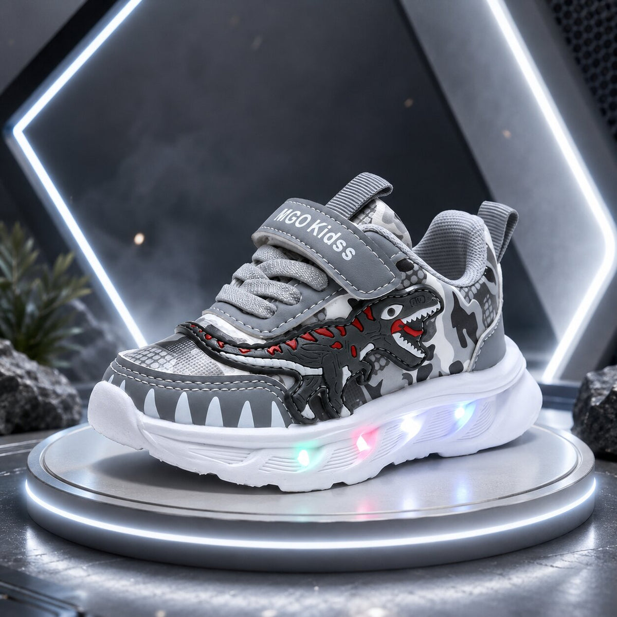 Dino Sparkle lysende LED-joggesko for barn — borrelåslukking, solid såle