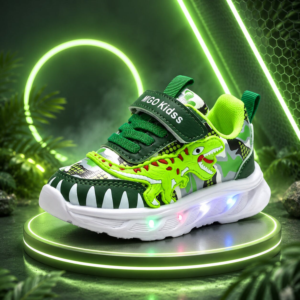 Dino Sparkle lysende LED-joggesko for barn — borrelåslukking, solid såle