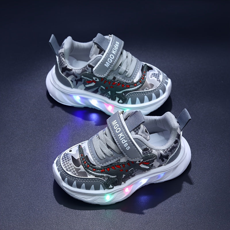 Dino Sparkle lysende LED-joggesko for barn — borrelåslukking, solid såle
