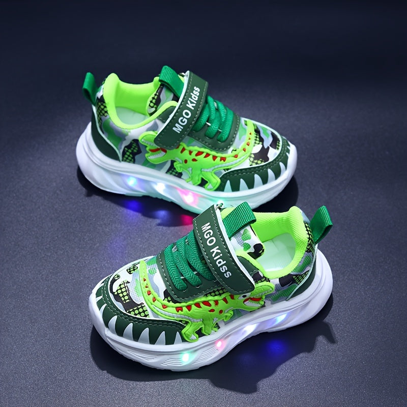 Dino Sparkle lysende LED-joggesko for barn — borrelåslukking, solid såle