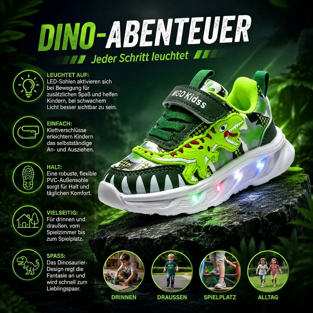 Dino Sparkle lysende LED-joggesko for barn — borrelåslukking, solid såle