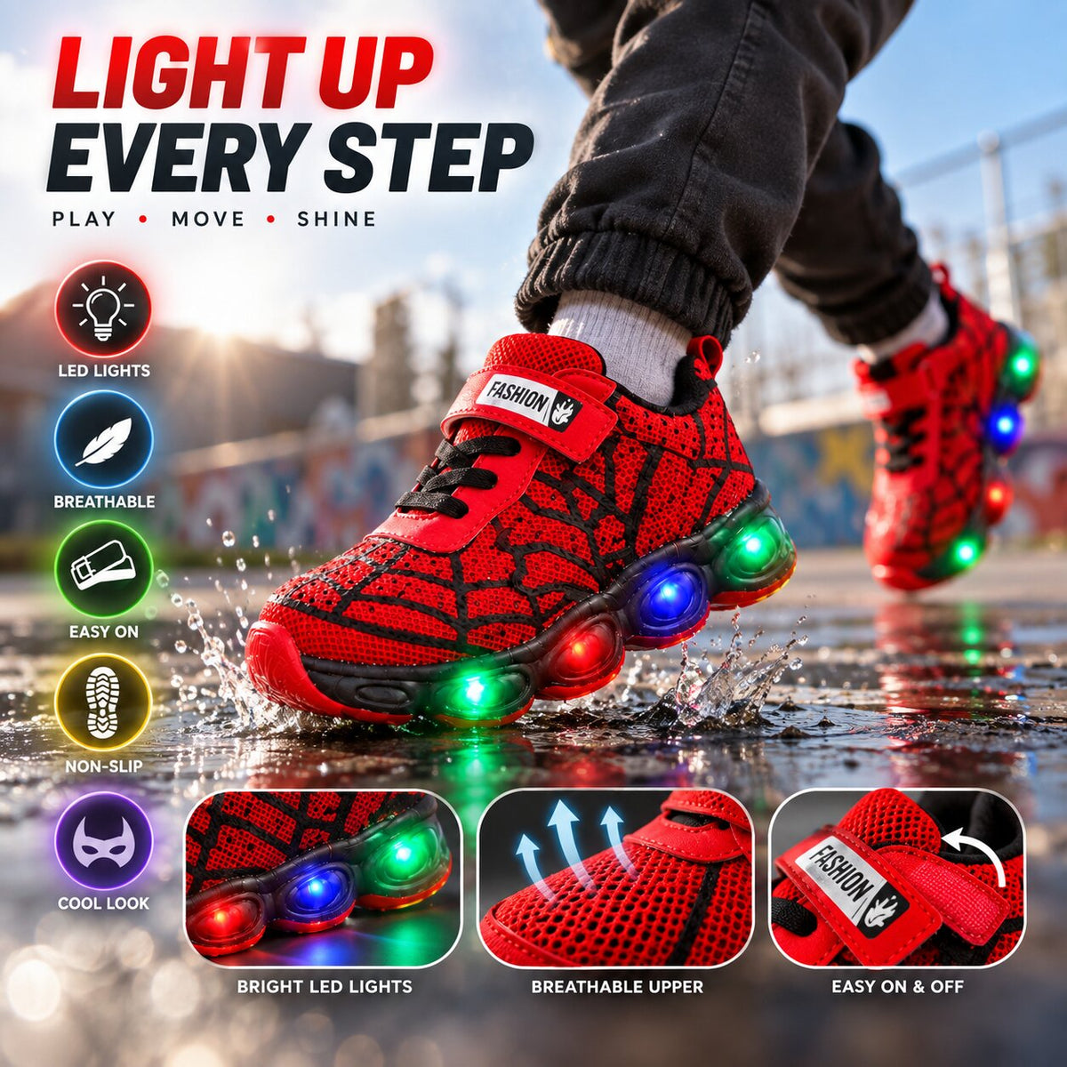 Light Hero LED-es gyerek sportcipő — tépőzáras rögzítés, világító talp