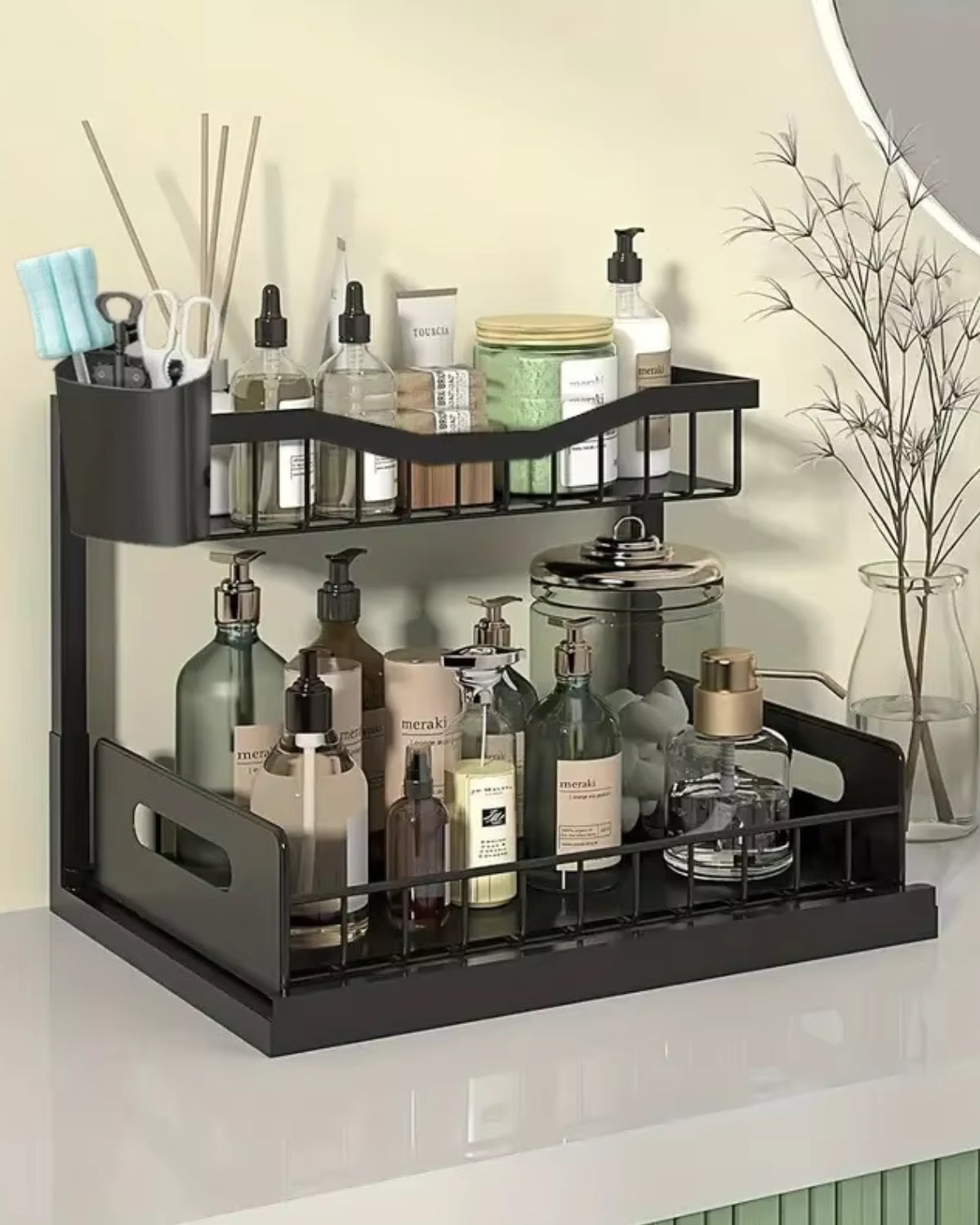 Under-Sink Extendable Cabinet Organizer With Two Levels Black And White