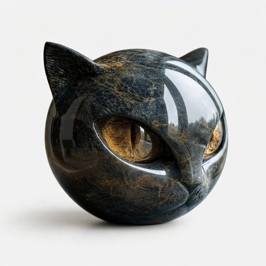 Marmorskulptur einer schwarzen Katze — bernsteinfarbene Augen, eleganter dekorativer Akzent
