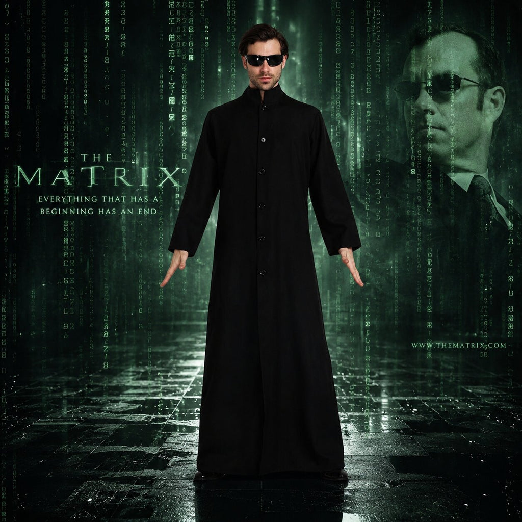 Pánský kostým z Matrixu — dlouhý černý kabát, sci-fi design až na zem