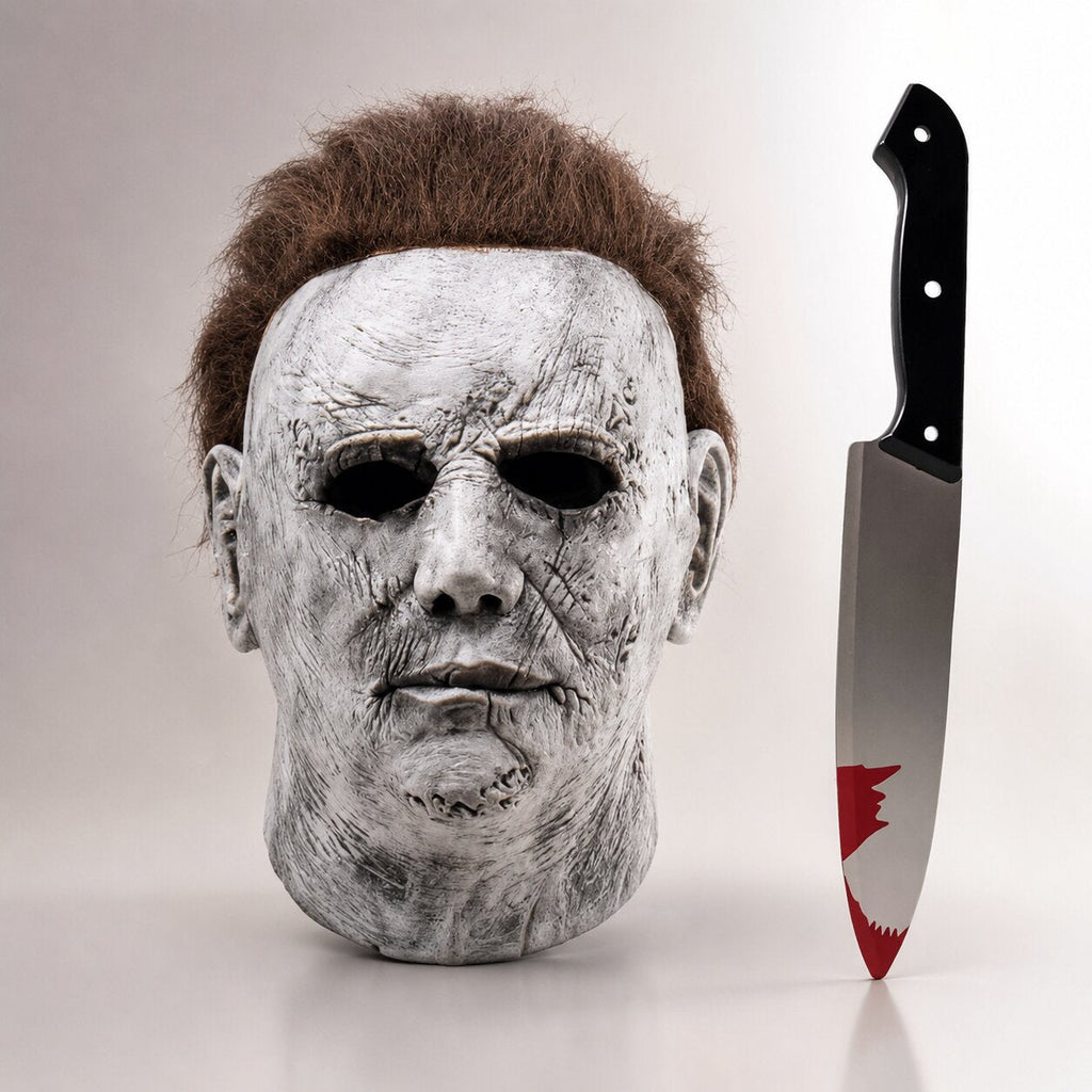 Máscara de Halloween de rostro completo de Michael Myers — cara blanca, cabello castaño, accesorio de disfraz de cosplay de terror