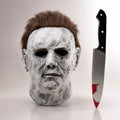 Máscara de Halloween de rostro completo de Michael Myers — cara blanca, cabello castaño, accesorio de disfraz de cosplay de terror